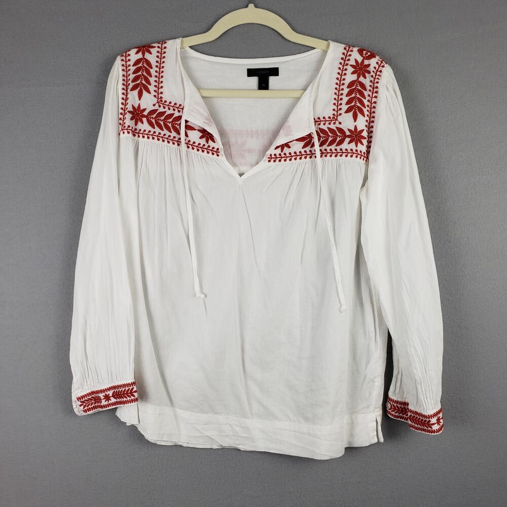 J. Crew Women's XS Embroidered Peasant Top White Red Cottagecore Prairie Cotton